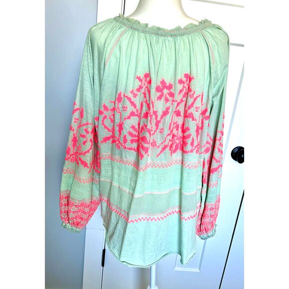 Free People Woven Embroidered Bohemian Style Blouse Mint Green Coral Size S - Picture 4 of 7